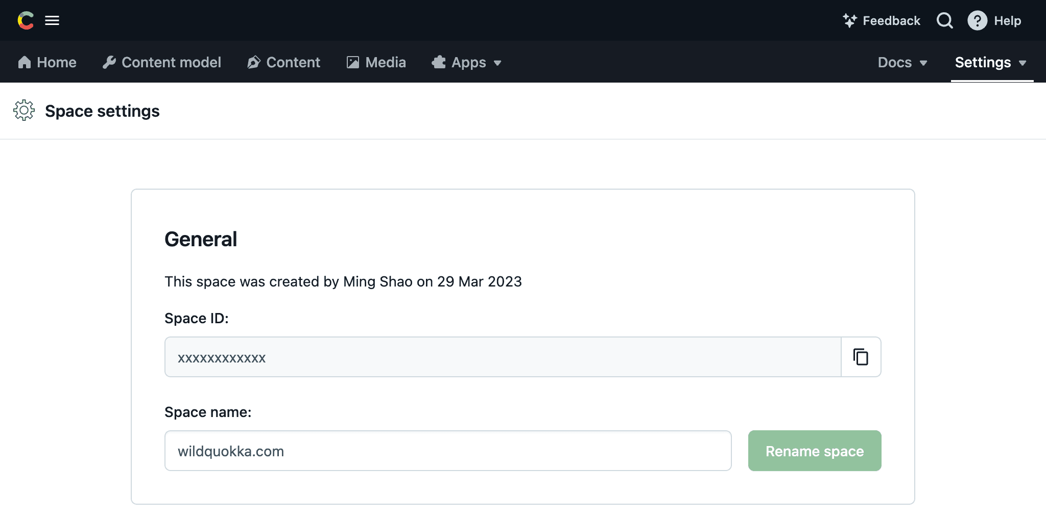 Contentful space settings
